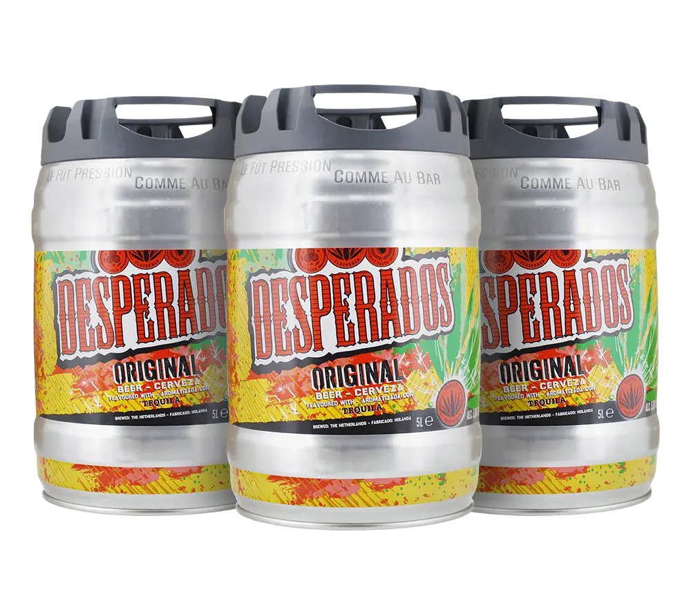 Three 5L beer kegs of Desperados Original flavored beer, positioned side by side.