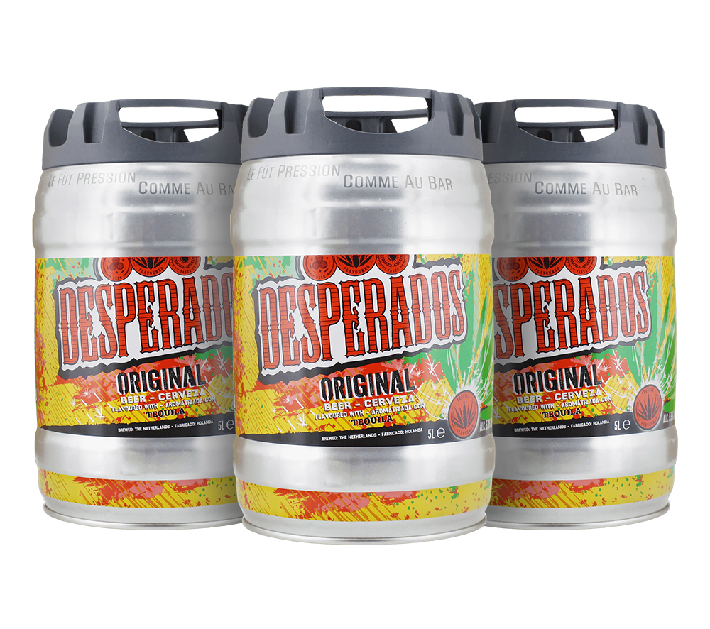 Three 5L beer kegs of Desperados Original flavored beer, positioned side by side.