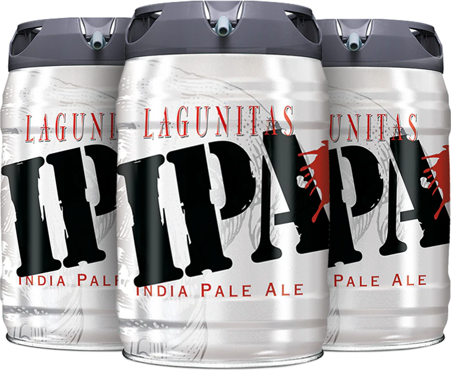 Three 5L kegs of Lagunitas IPA (India Pale Ale) with the brand name and product type prominently displayed on the front.