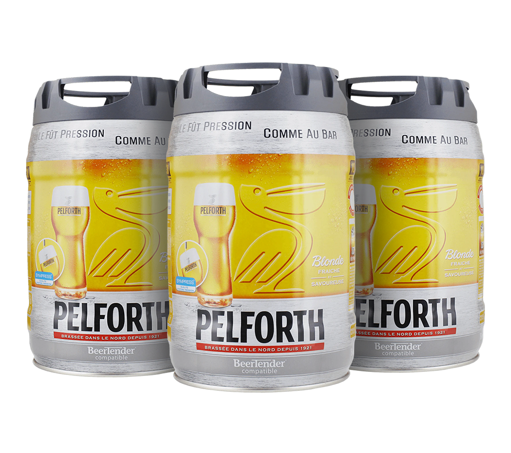 Three 5L kegs of Pelforth beer, with the brand logo and name prominently displayed on the front.