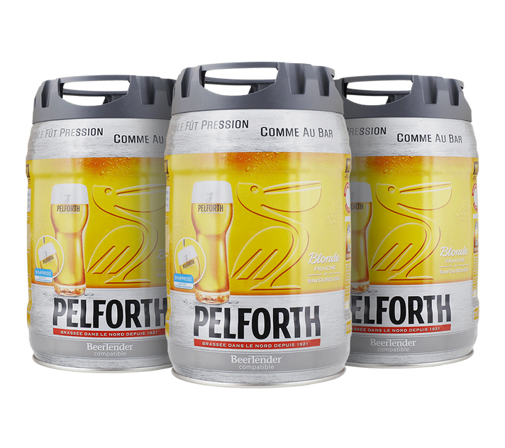 Three 5L kegs of Pelforth beer, with the brand logo and name prominently displayed on the front.