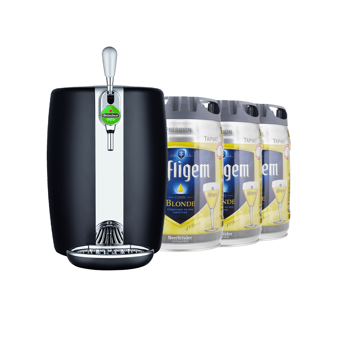 A Krups BeerTender machine alongside three Affligem Blond 5L kegs.