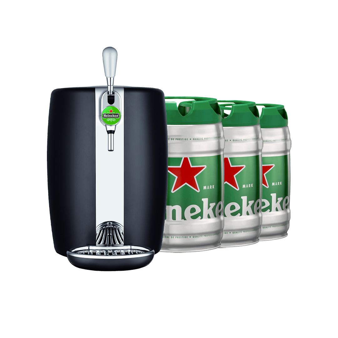 Beertender alongside three green 5L beer kegs with a Heineken logo.