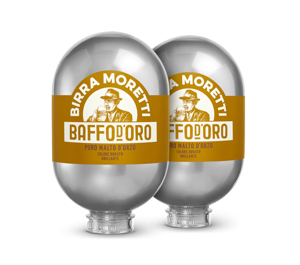 Two kegs of Birra Moretti Baffo D'Oro beer, with branding labels visible.
