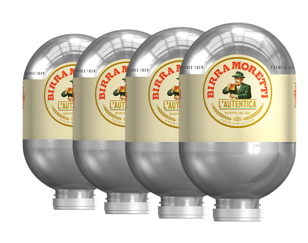 Four silver kegs labeled Birra Moretti with the brand's logo and name on them.