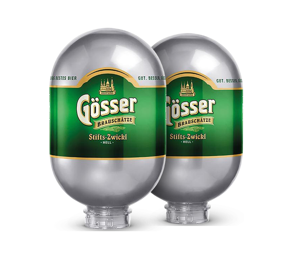 Two silver kegs with green and gold labels reading 'Gösser', indicating the brand and possibly the flavor or type of beer.