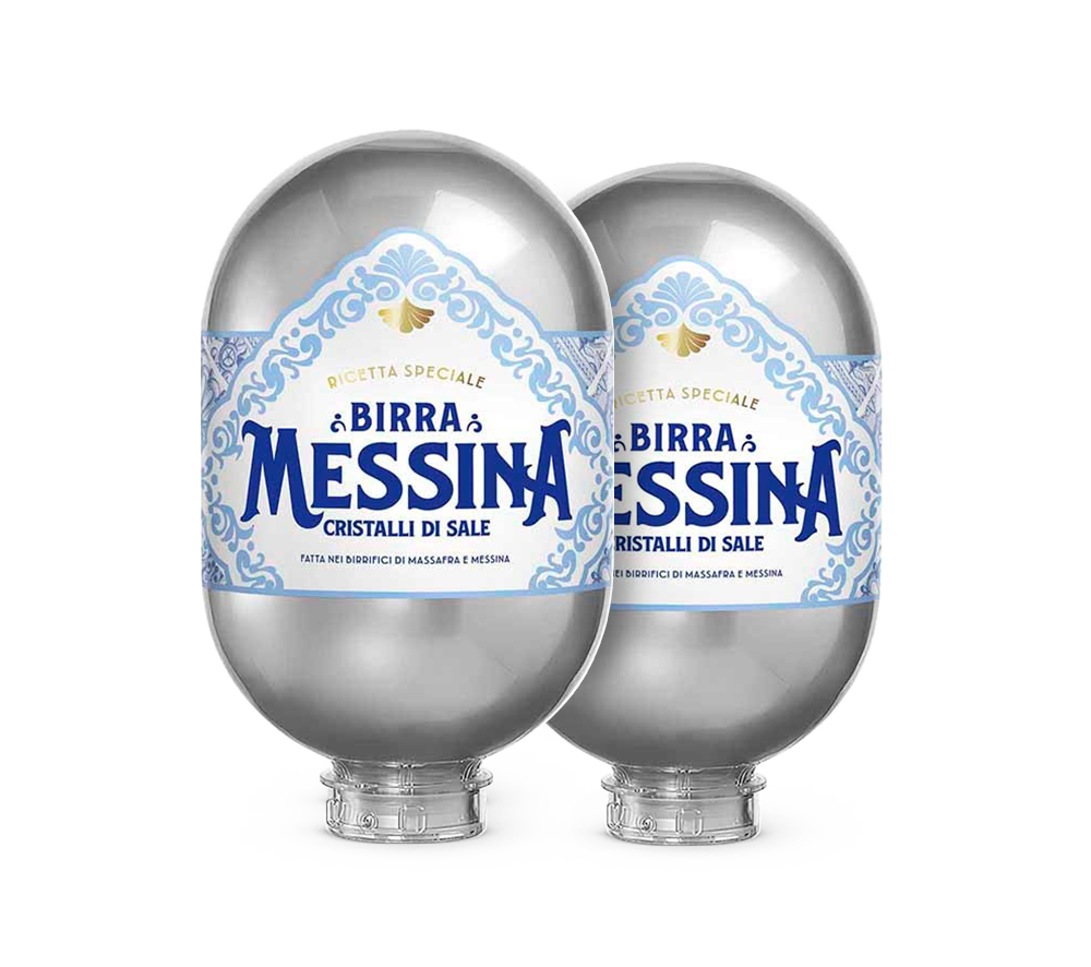 Two silver 8L beer kegs labeled Birra Messina