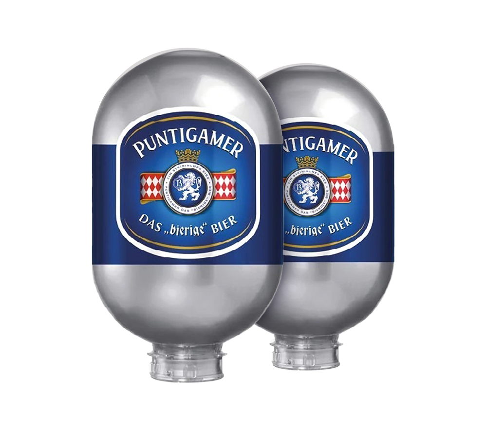 Two silver 8L BLADE kegs with blue and red label, branded as Puntigamer.