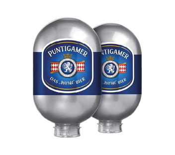 Two silver 8L BLADE kegs with blue and red label, branded as Puntigamer.