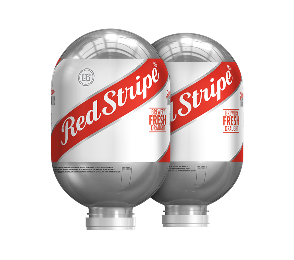 Two 8L BLADE kegs labeled Red Stripe, typically used for dispensing draft beer.