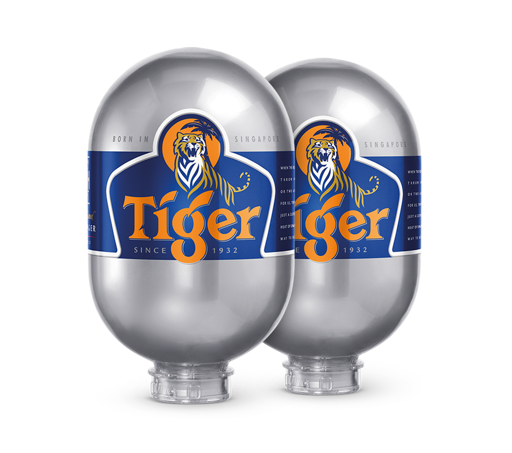 Two silver 8L BLADE kegs with the Tiger beer logo on them.