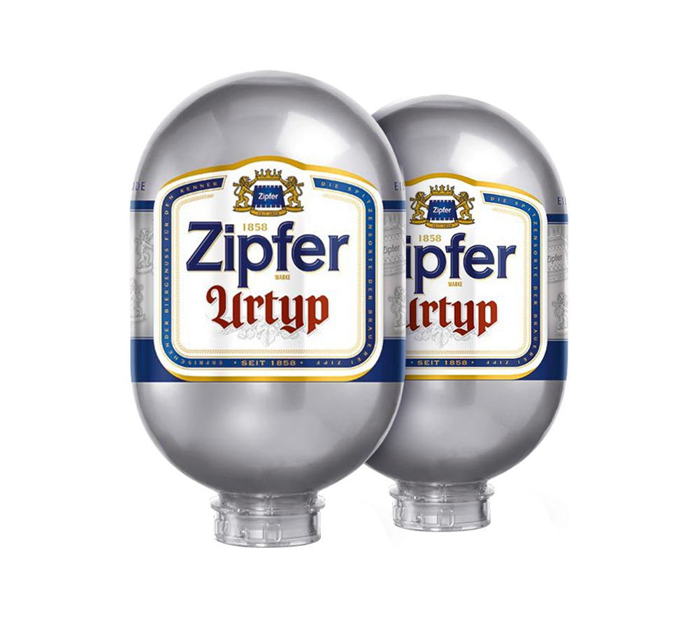 Two silver 8L BLADE beer kegs labeled with the brand 'Zipfer Urtyp'.