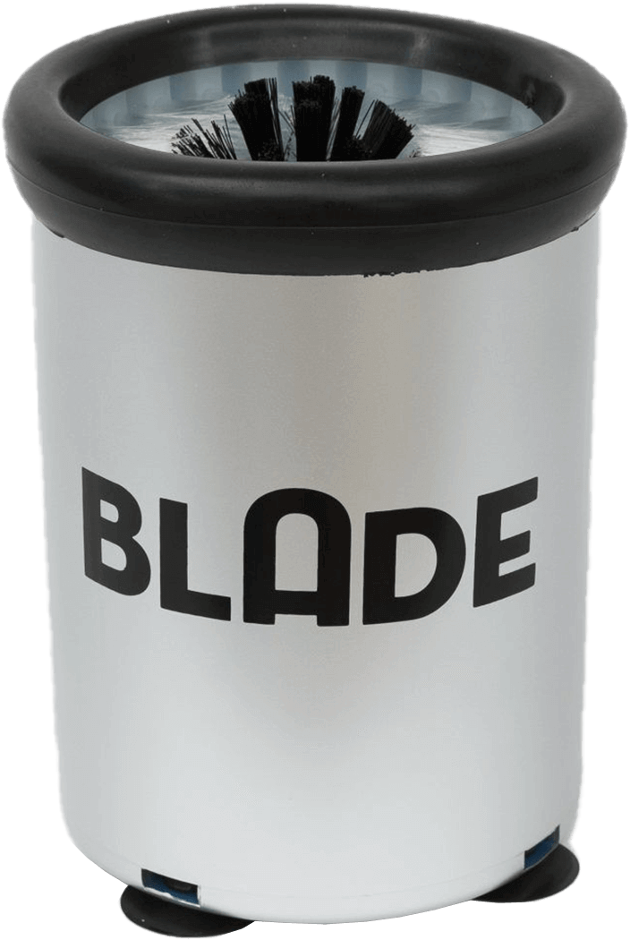 A black and white image of the BLADE Glass Brush with flexible bristles and a suction cup base, prominently displaying the brand name 'BLADE' on a white cylindrical container.