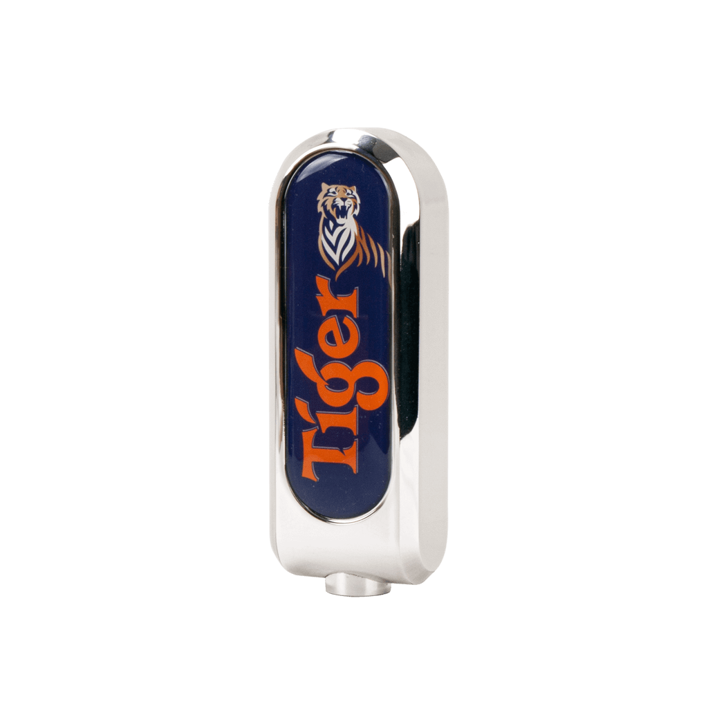A Tiger branded beer tap handle with a predominantly silver color with blue and orange accents, featuring the Tiger beer logo.