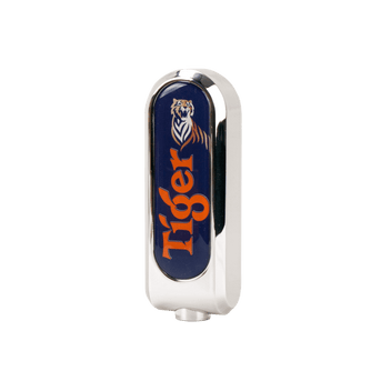 A Tiger branded beer tap handle with a predominantly silver color with blue and orange accents, featuring the Tiger beer logo.