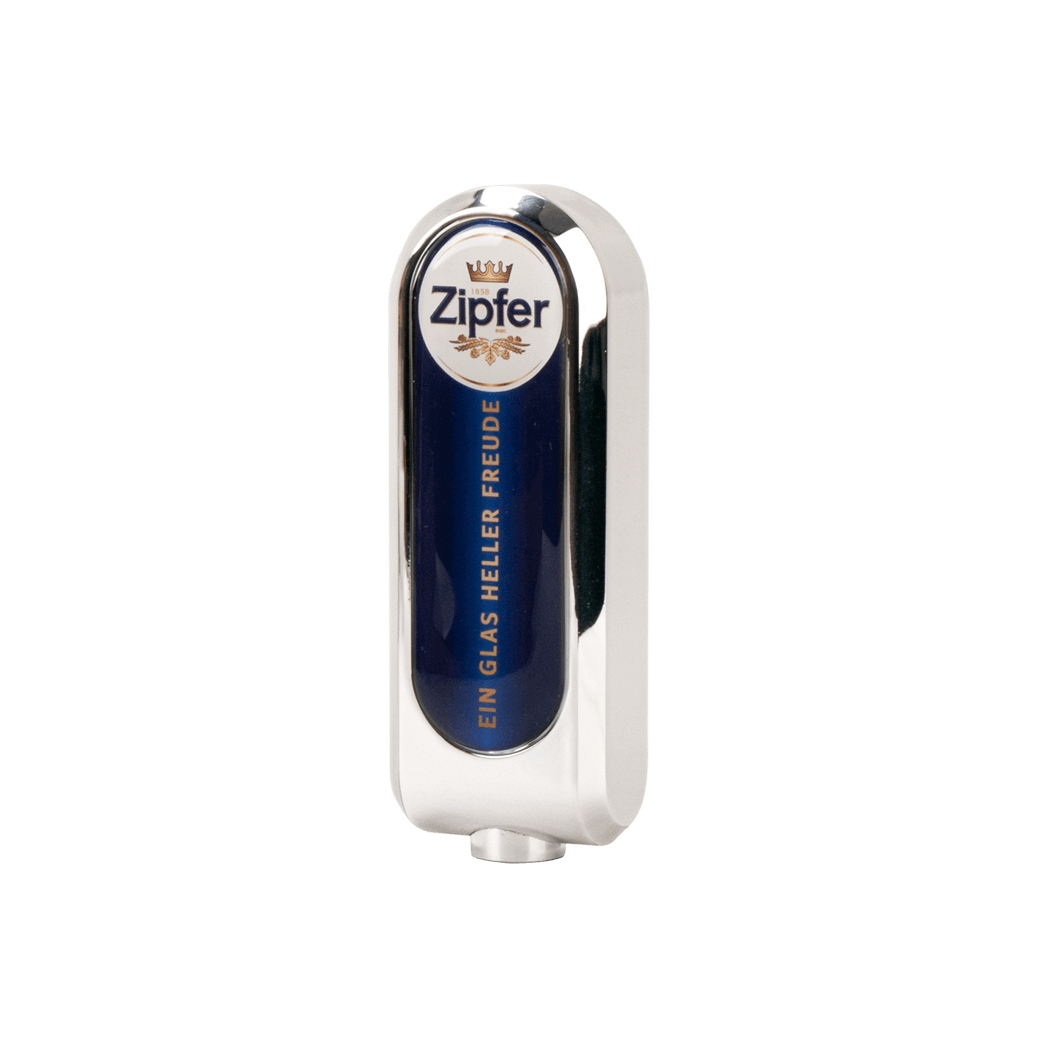 A silver and blue Zipfer beer tap handle with branding and text displayed.
