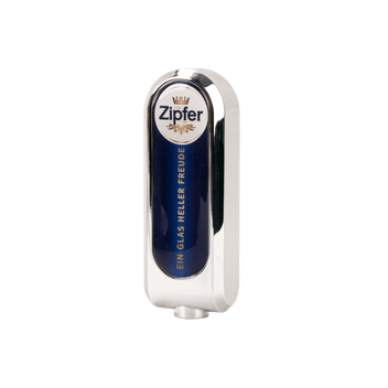 A silver and blue Zipfer beer tap handle with branding and text displayed.