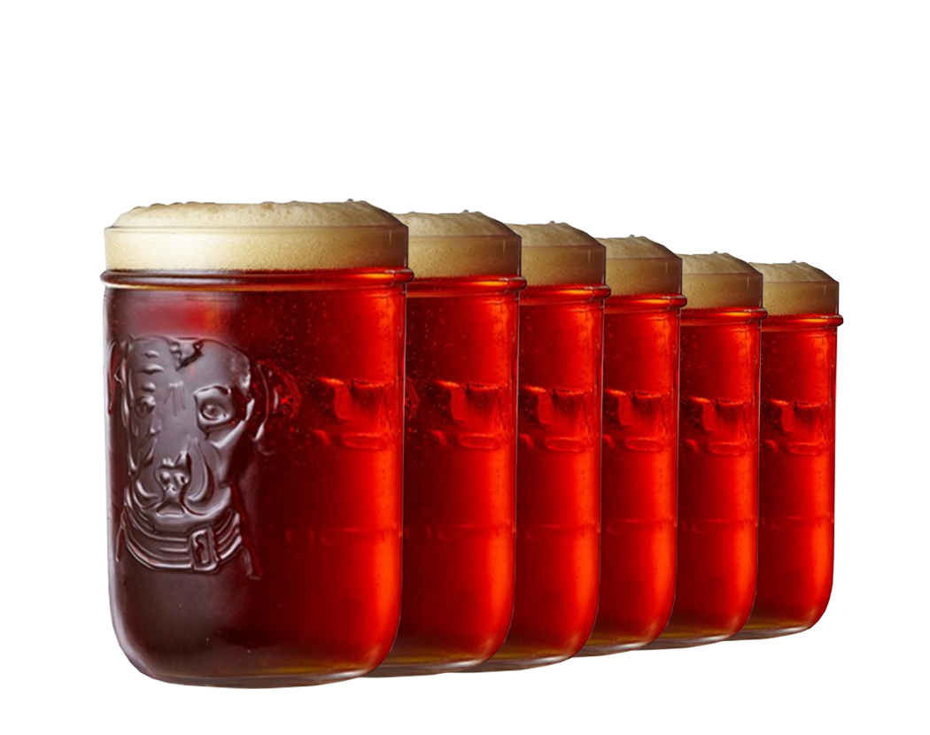 A set of six red Lagunitas Mason Jars with beige lids, engraved with the Lagunitas dog logo.