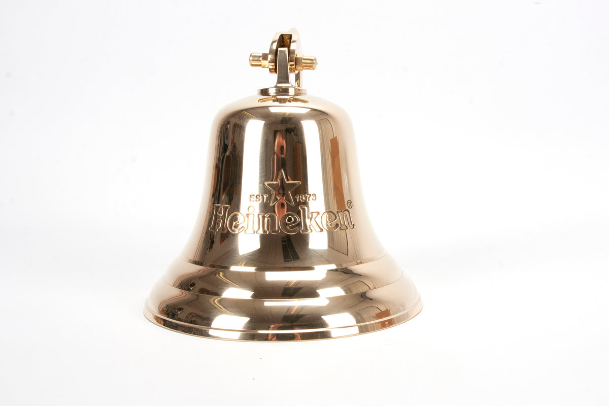 A metallic Heineken bar bell with the famous Heineken logo, designed for wall mounting.