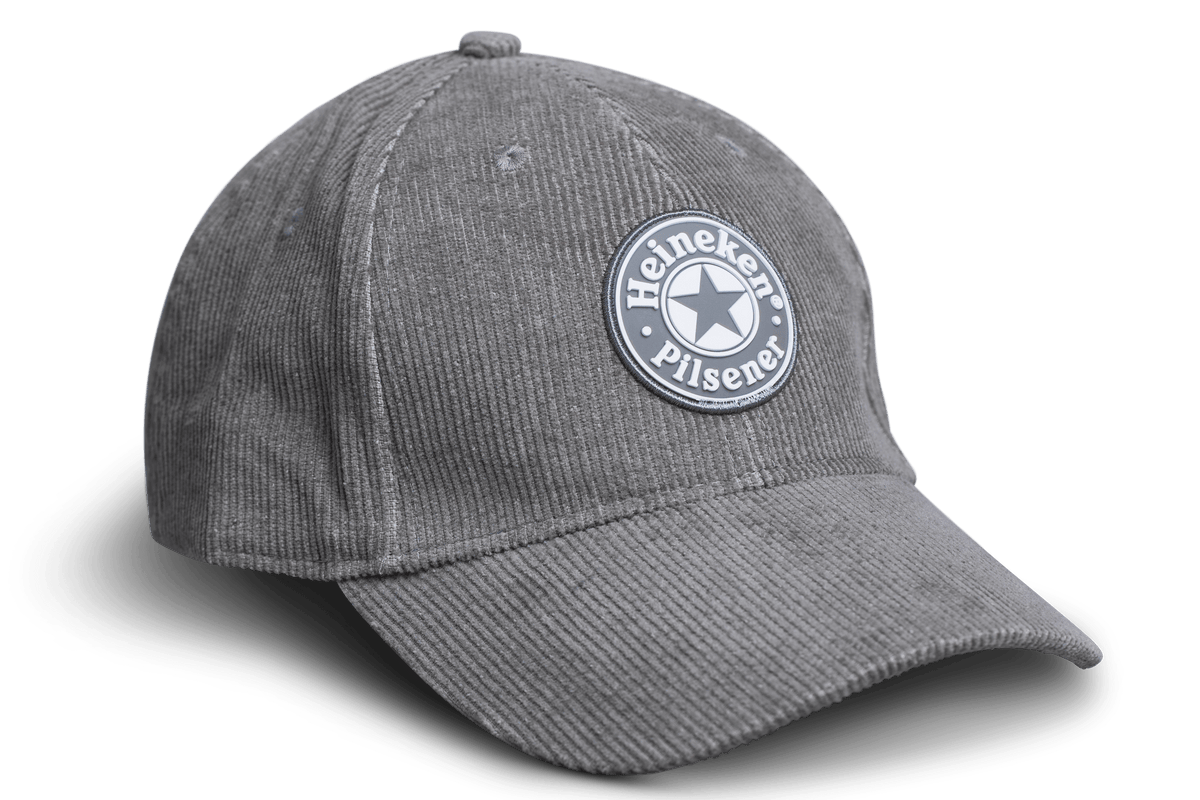 A gray ribbed cap with the Heineken brand logo on the front.