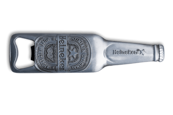 A silver-colored magnetic bottle opener designed to resemble a Heineken beer bottle, with the Heineken logo embossed on it.
