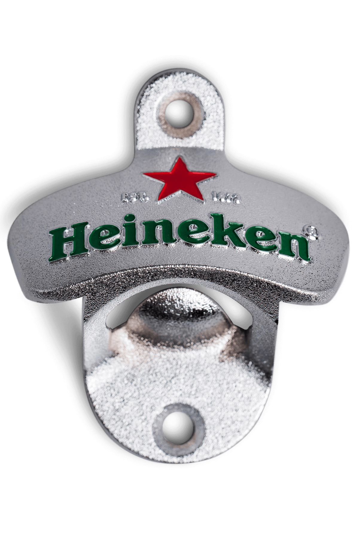 A silver metal wall bottle opener with the Heineken logo and red star.
