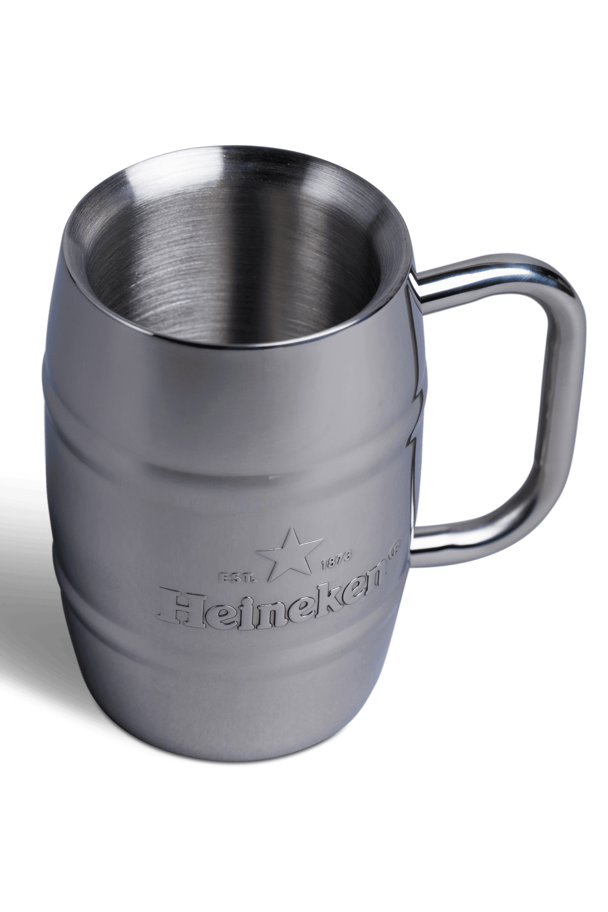 A stainless steel mug with the Heineken logo on it.
