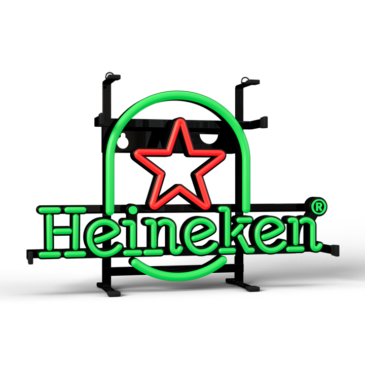 A neon sign of the Heineken brand logo with a green star and the text 'Heineken'.