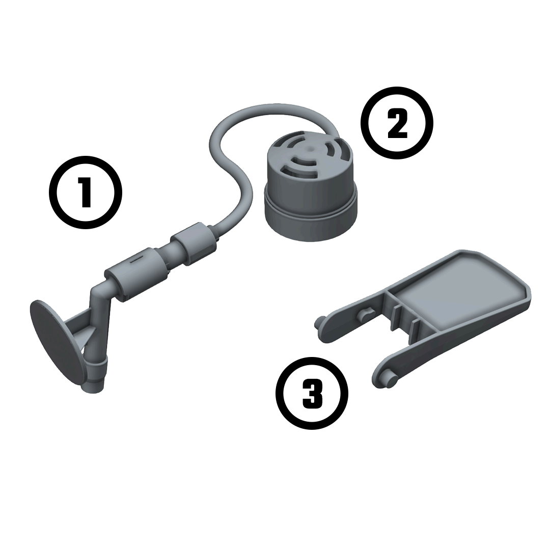 Three labeled components used for opening a beer keg, including a mounting arm (1), a connected dispensing or valve unit (2), and a clip attachment (3).