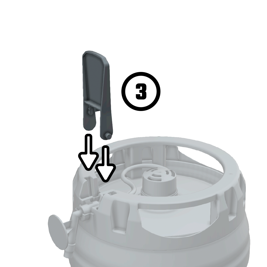 Demonstrate how the clip attachment is positioned and pressed into place on the top of the beer keg, indicated by two downward arrows.