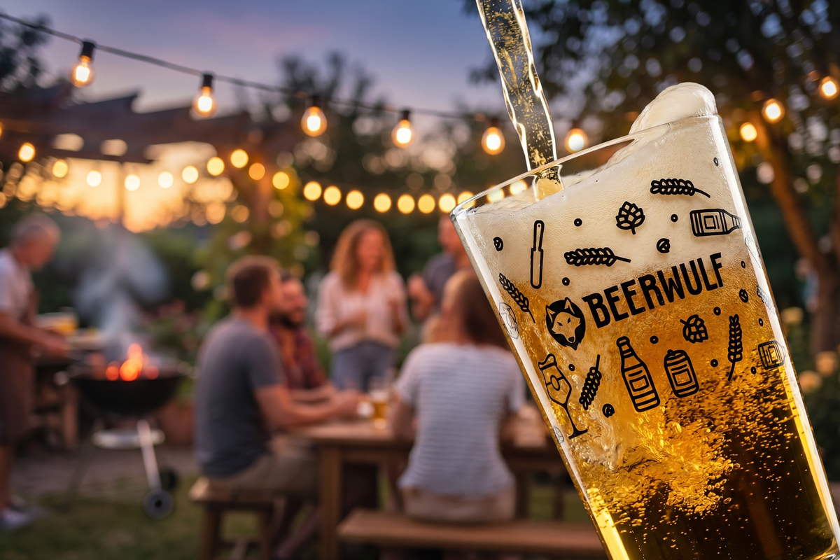 Un verre de bière portant la marque « BEERWULF » dans un décor de jardin, avec des personnes et des lumières.