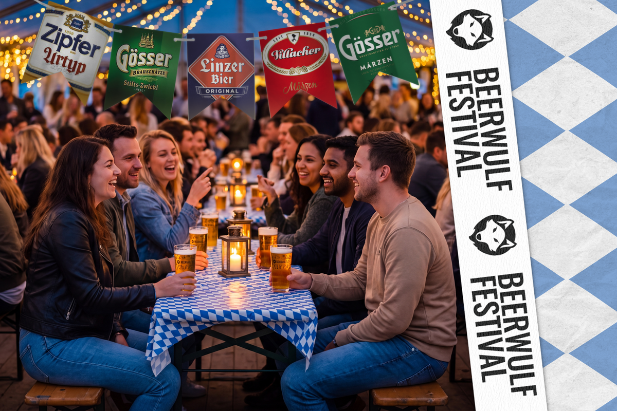 Eine festliche Bierhallenszene, in der Gruppen von Leuten an kleinen Tischen sitzen und unter warmen Lichterketten Bier trinken. Über ihnen hängen bunte Bierfahnen, und auf einem senkrechten, blau-weiß karierten Banner rechts steht „Beerwulf Festival“ mit einem Wolf-Logo.