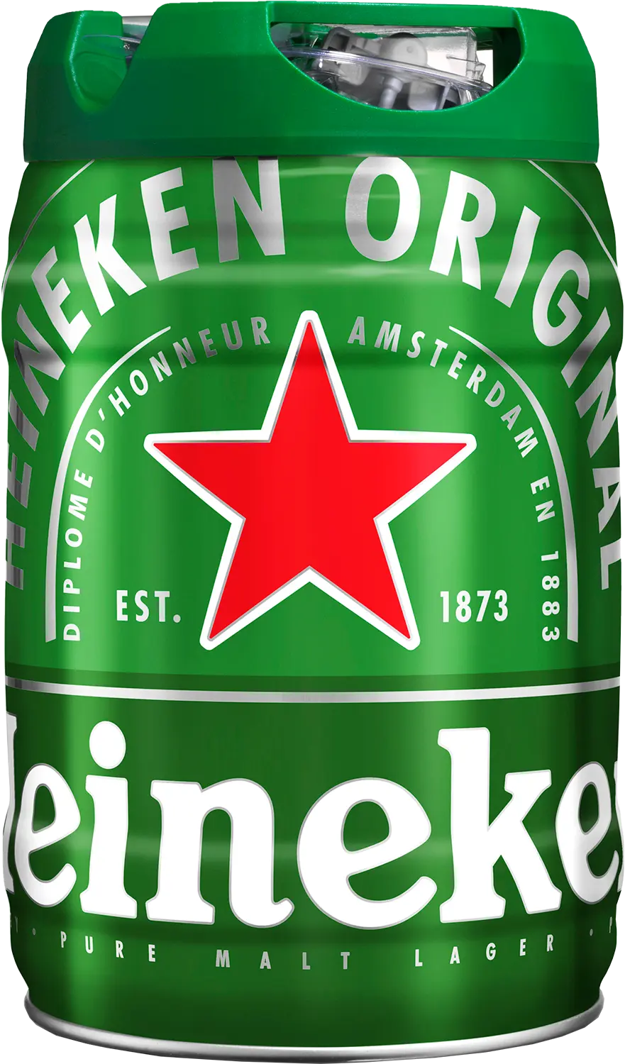 Heineken 5l beer keg with green top and red star logo.