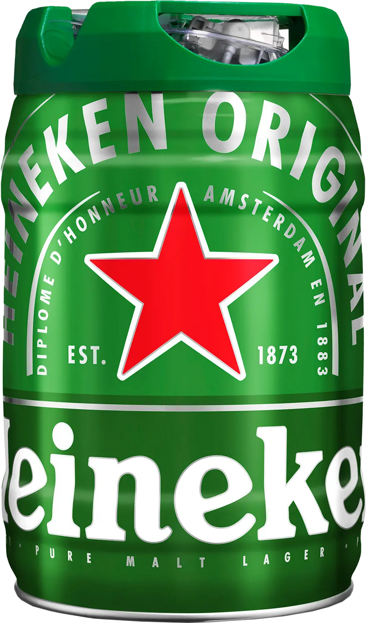 Heineken 5l beer keg with green top and red star logo.