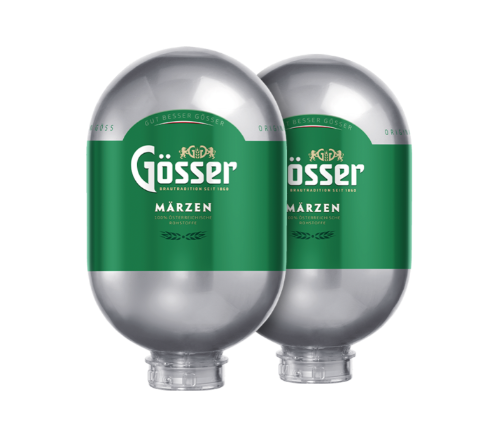 Two kegs labeled with the brand Gösser and the name Märzzen, indicating a type of lager beer.