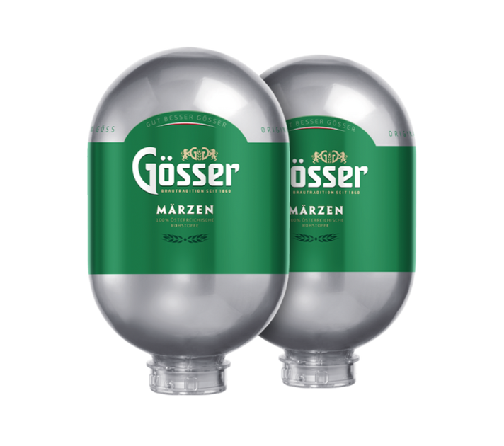 Two kegs labeled with the brand Gösser and the name Märzzen, indicating a type of lager beer.