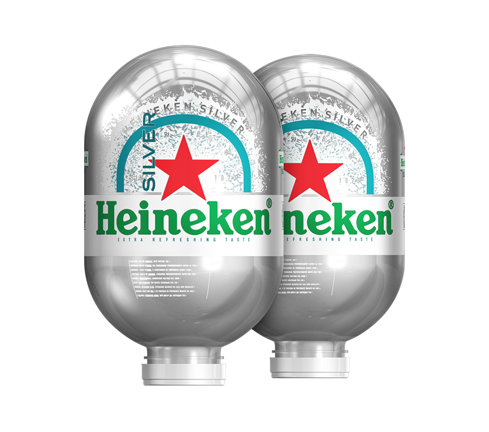 Zwei silberne BLADE -Fässer mit der Aufschrift „Heineken Silver“
