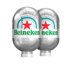 Zwei silberne BLADE -Fässer mit der Aufschrift „Heineken Silver“