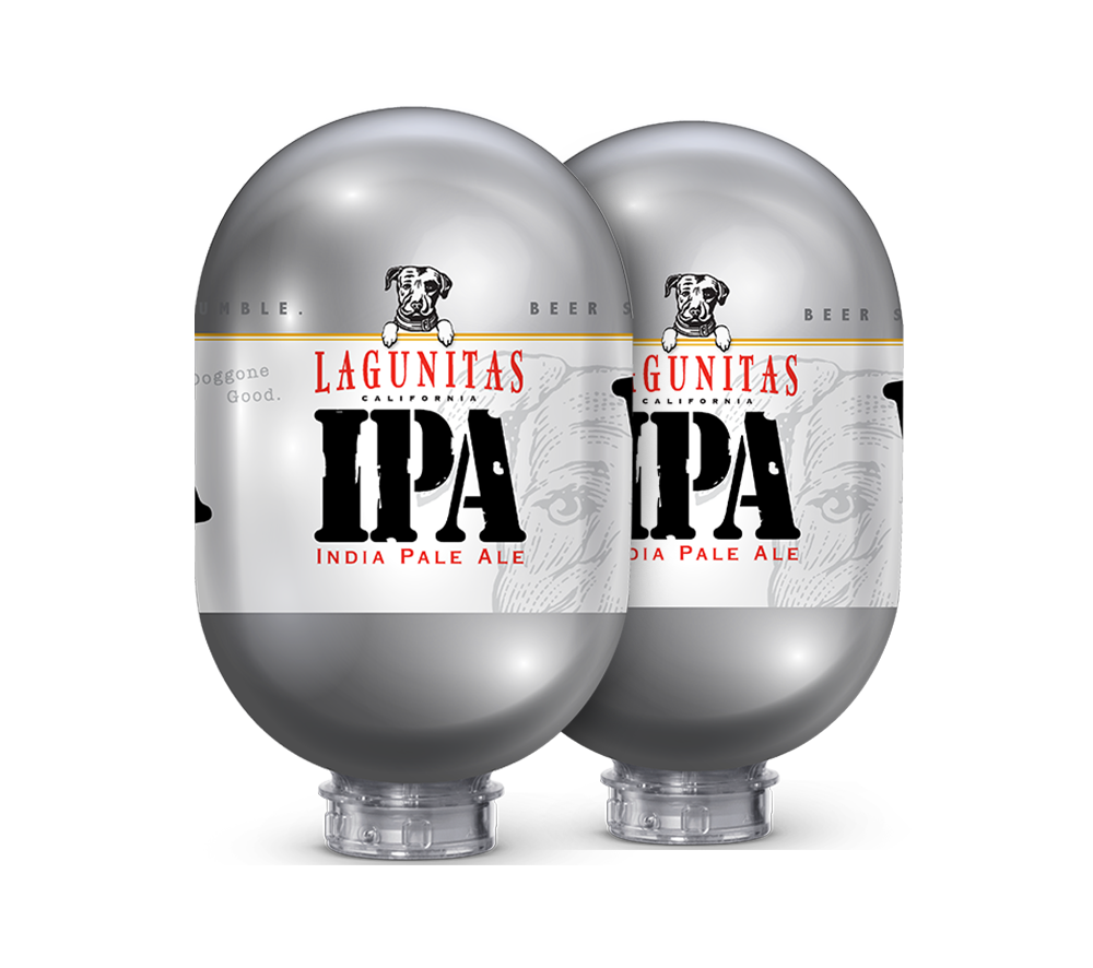 Zwei silberne 8 BLADE mit der Aufschrift „Lagunitas IPA“ (India Pale Ale), die für die Verwendung mit der BLADE -Bierzapfanlage BLADE vorgesehen sind.