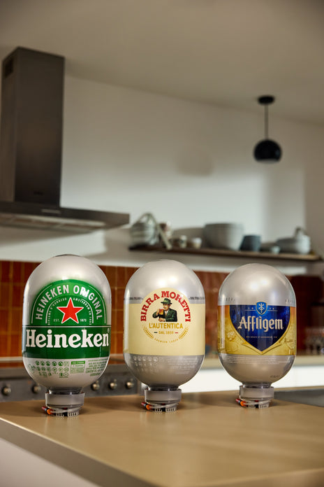 Three BLADE kegs of Heineken, Birra Moretti and Affligem in a kitchen