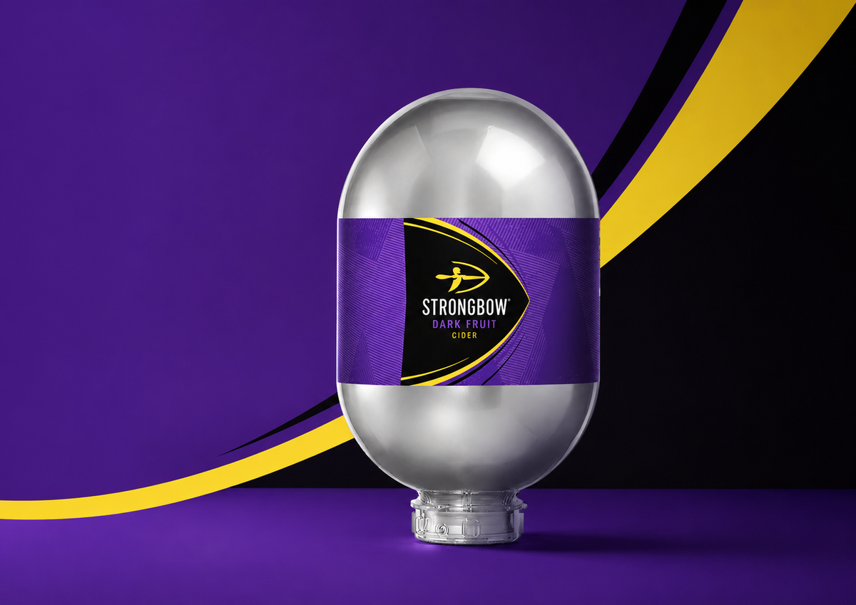Strongbow cider keg on a purple and yellow background