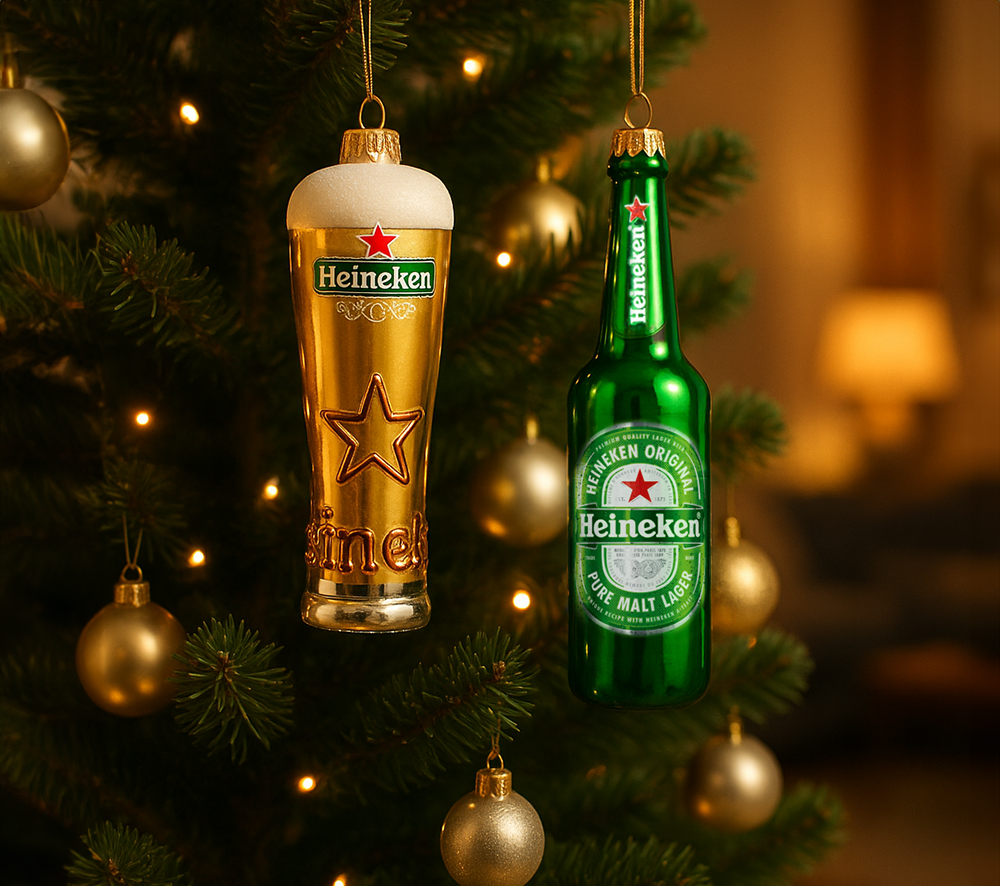 Een Heineken-bierflesje en een bierglas met schuimkraag als kerstversiering, hangend aan een kerstboom.