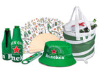 Des articles de la marque Heineken, notamment un bob, des porte-bouteilles isothermes et un sac, sur fond blanc.