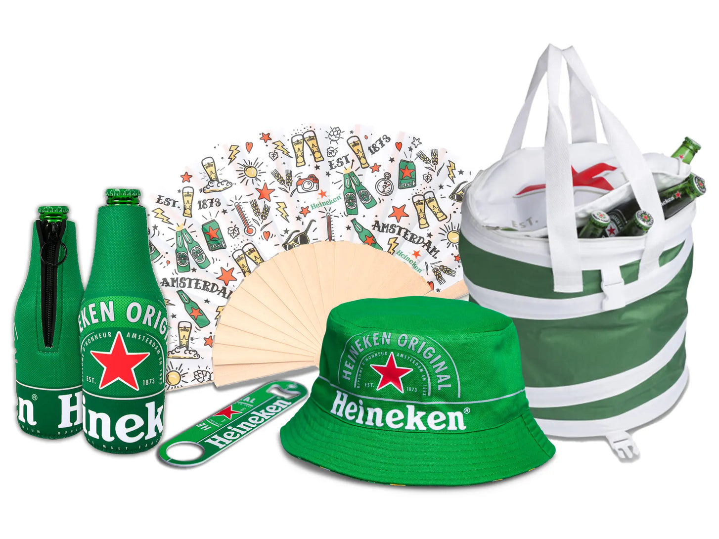 Des articles de la marque Heineken, notamment un bob, des porte-bouteilles isothermes et un sac, sur fond blanc.