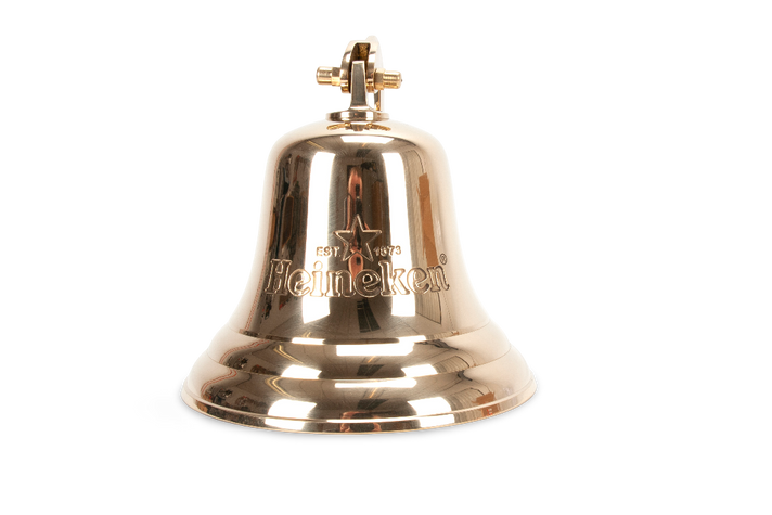 Front view of a Heineken gold-colored Bar Bell Merch.
