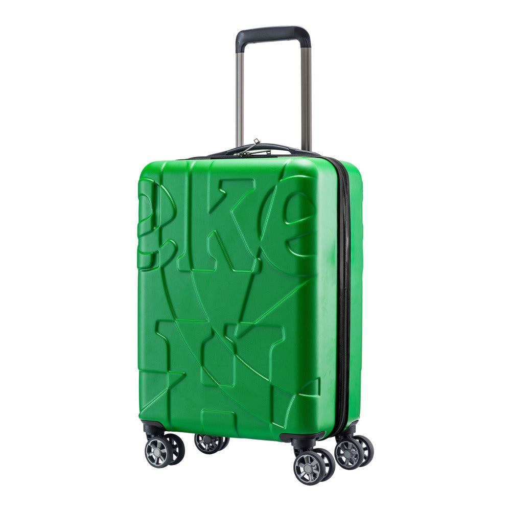 Heineken Green Suitcase Merch with black wheels.