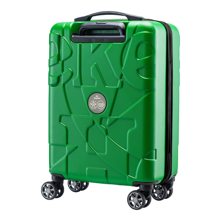 Back view of the Heineken Green Suitcase with recycled logo and black wheels.