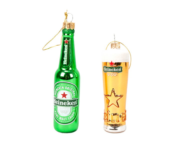 Christmas Ornaments Bundle of a Heineken beer bottle and foam-topped beer glass.