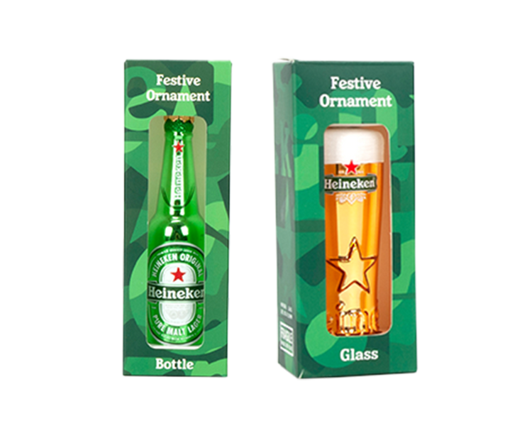 Bundle of two Heineken festive ornaments in packaging: one beer bottle and one foam-topped beer glass.