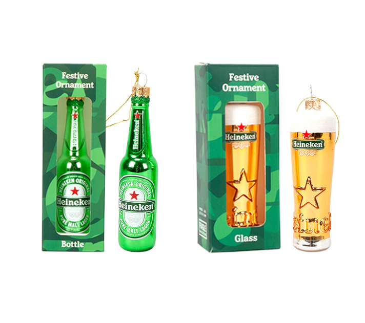 Bundle of two Heineken festive ornaments, shown both in and out of packaging: one beer bottle and one foam-topped beer glass.